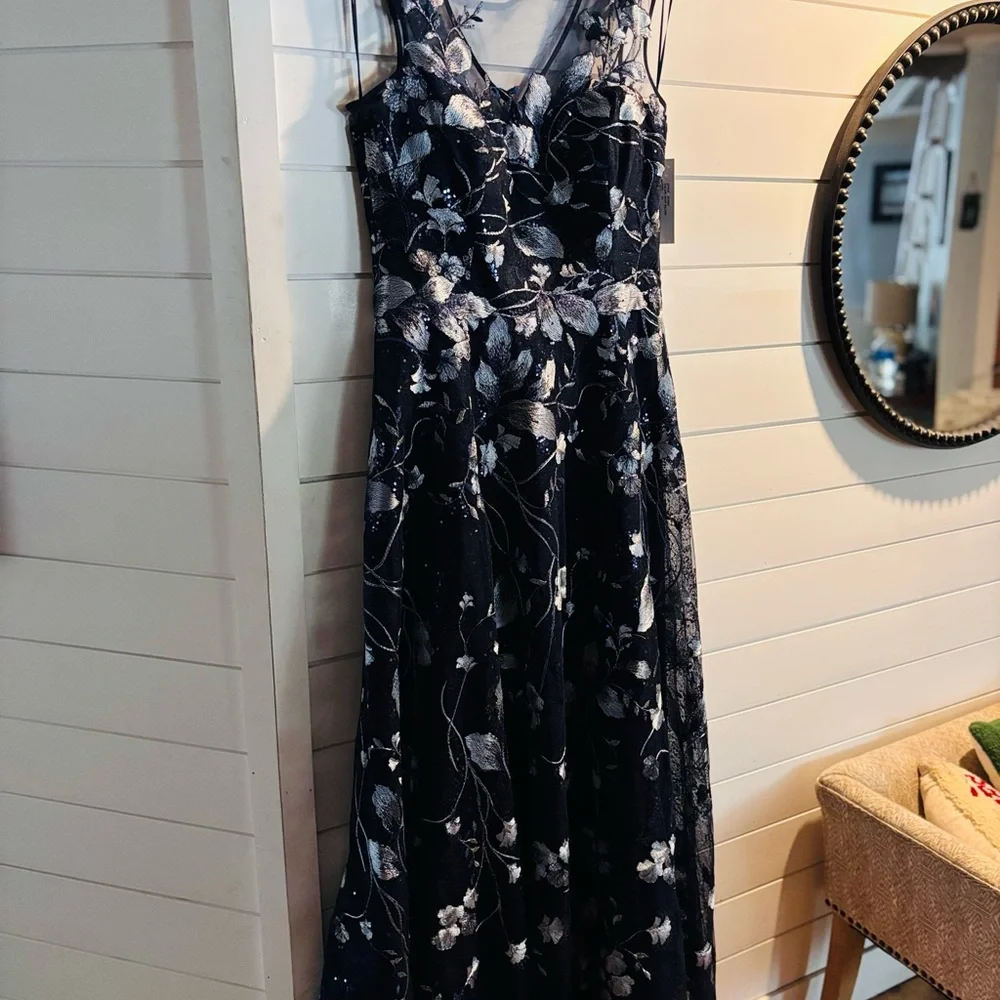 Teri Jon Navy Maxi Dress with Silver Floral Embroidery - Picture 5 of 14